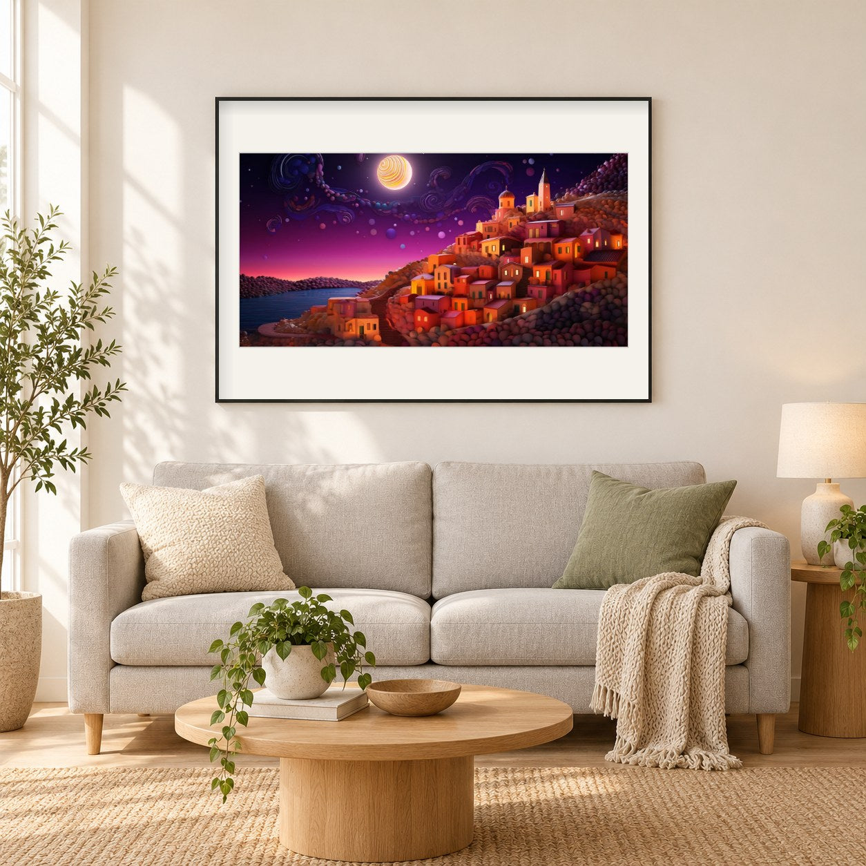 Die erstaunliche Bergstadt Diamond Paintings als gerahmtes Diamond Painting im Wohnzimmer