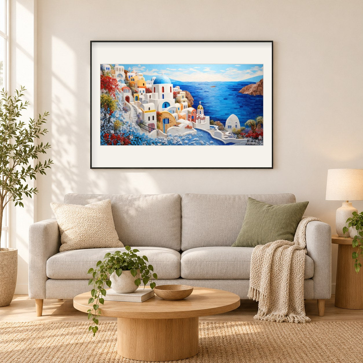 Die Schönheit der Insel Santorin als gerahmtes Diamond Painting im Wohnzimmer