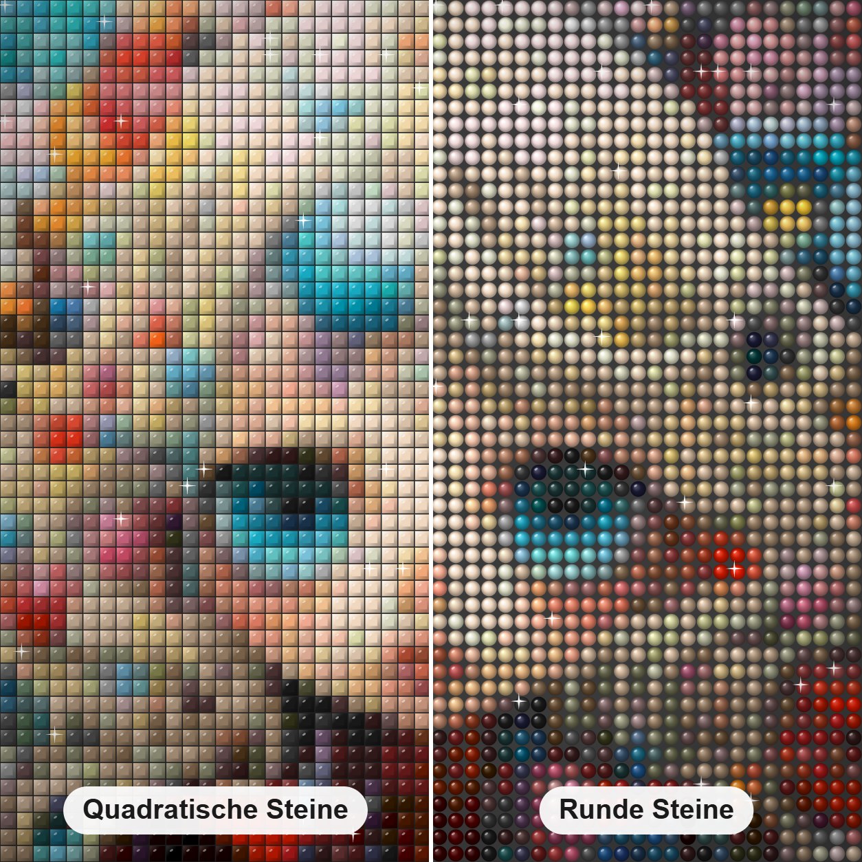 Die Farbexplosion Diamantkunst Diamond Painting Nahaufnahme mit quadratischen und runden Steinen