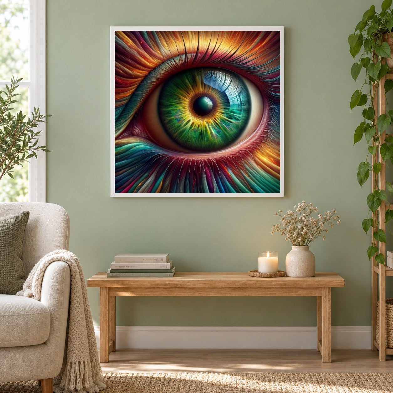 Die Brillanz des bunten Auges als gerahmtes Diamond Painting im Wohnzimmer