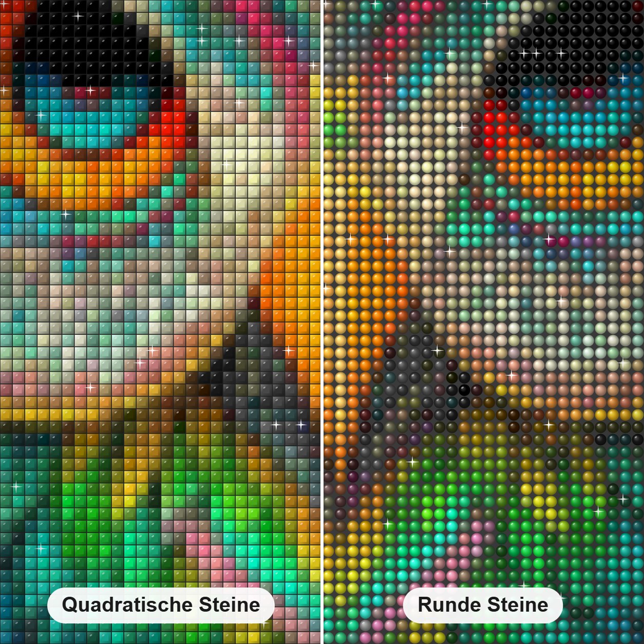 Der wachsame Blick der bunten Eule Diamond Painting Nahaufnahme mit quadratischen und runden Steinen
