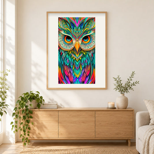 Der wachsame Blick der bunten Eule als gerahmtes Diamond Painting im Wohnzimmer