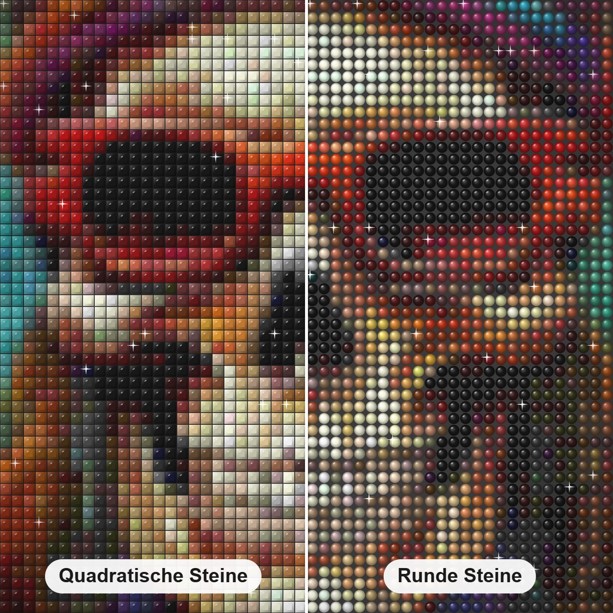 Die bunte Totenkopf-Kunst Diamond Painting Nahaufnahme mit quadratischen und runden Steinen