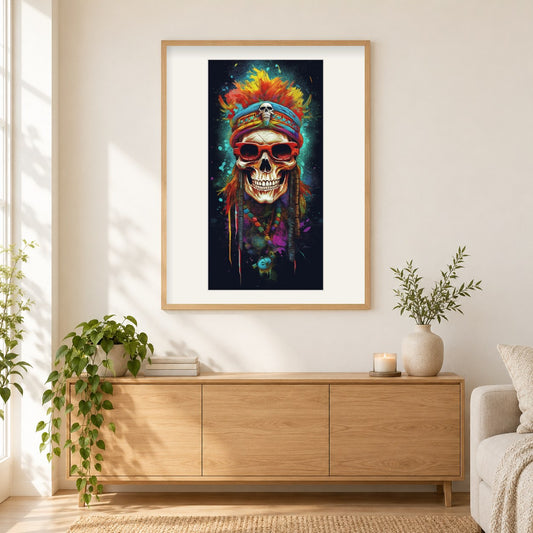 Die bunte Totenkopf-Kunst als gerahmtes Diamond Painting im Wohnzimmer