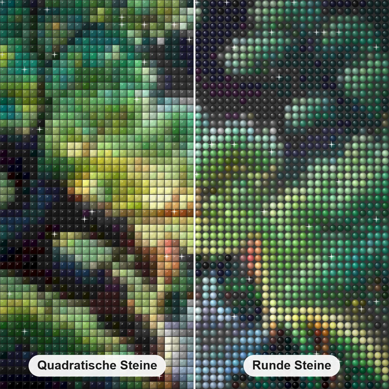 Die rätselhafte grüne Katze des Waldes Diamond Painting Nahaufnahme mit quadratischen und runden Steinen