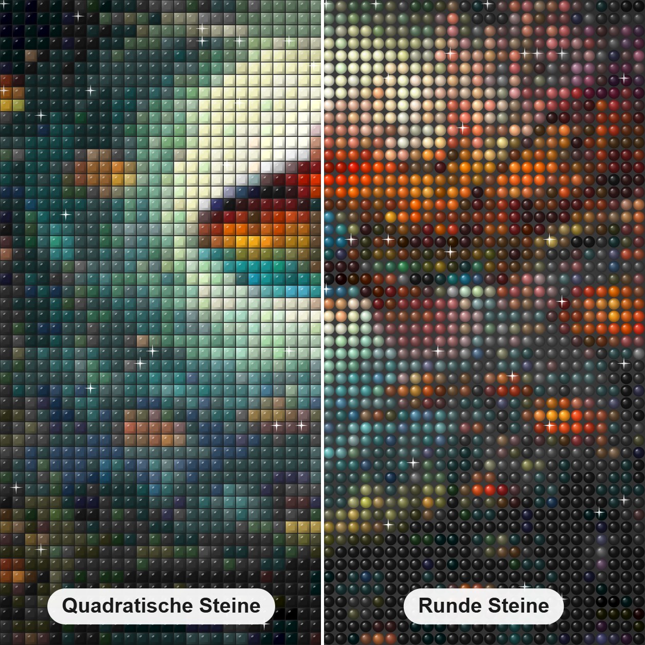 Die Fischkönigin Diamond Painting Nahaufnahme mit quadratischen und runden Steinen