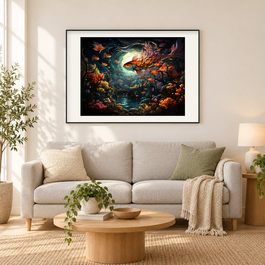 Die Fischkönigin als gerahmtes Diamond Painting im Wohnzimmer