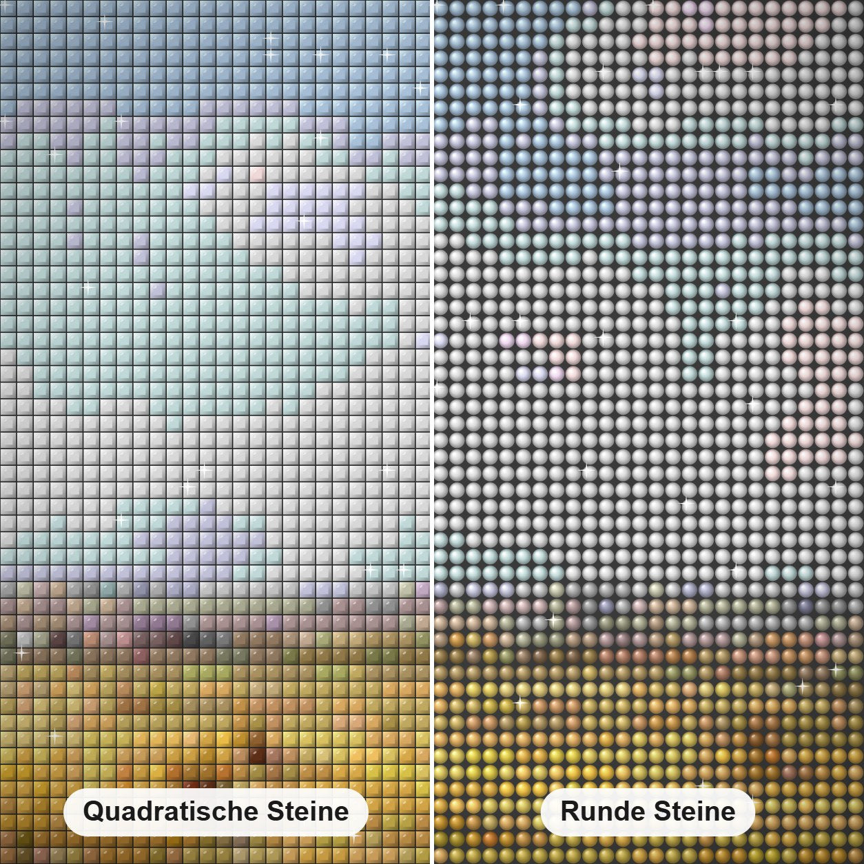 Die Versammlung - Kunst des Jonn Einerssen Diamond Painting Nahaufnahme mit quadratischen und runden Steinen