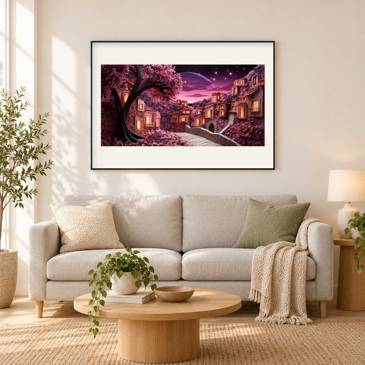 Die Pracht der Kirschblüten als gerahmtes Diamond Painting im Wohnzimmer