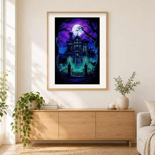 Das heimgesuchte Haus als gerahmtes Diamond Painting im Wohnzimmer