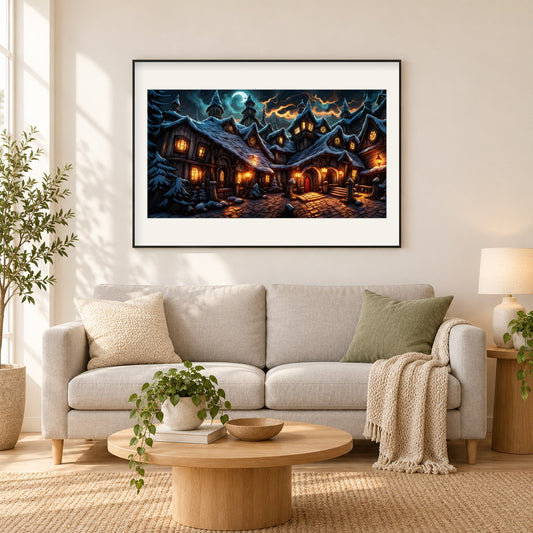 Die eindringliche Aura der mysteriösen Gebäude als gerahmtes Diamond Painting im Wohnzimmer