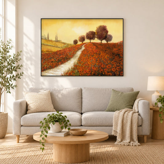 Der Hügel der Mohnblumen - Kunst des Guido Borelli als gerahmtes Diamond Painting im Wohnzimmer