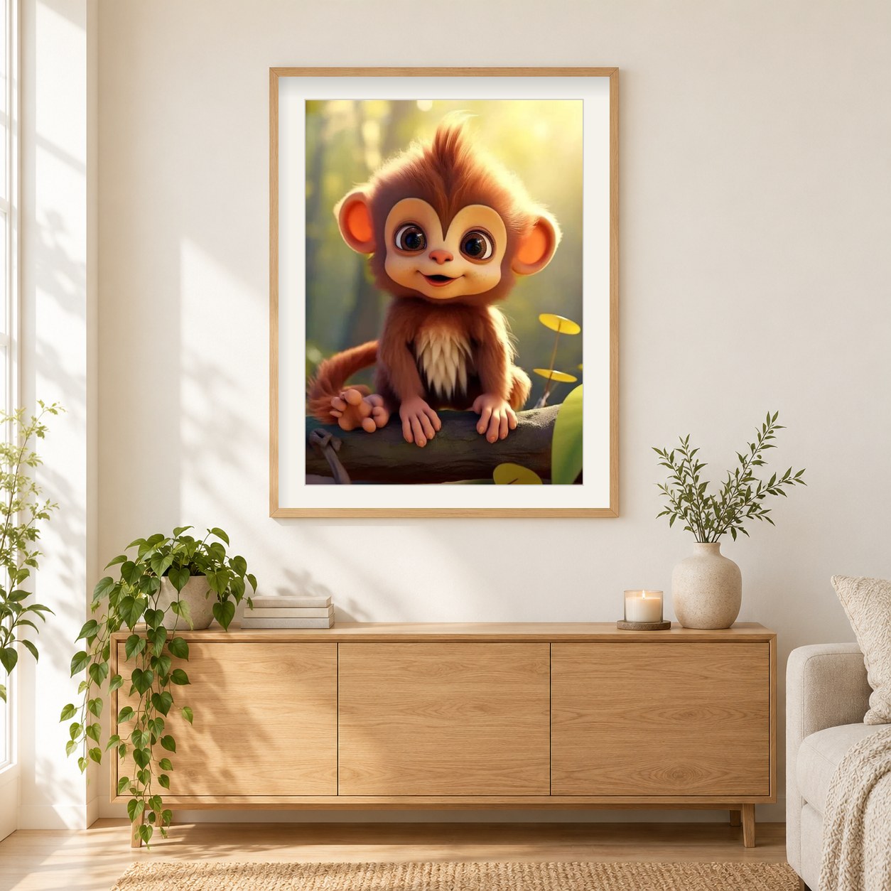 Die freudigen Abenteuer eines kleinen Affen als gerahmtes Diamond Painting im Wohnzimmer