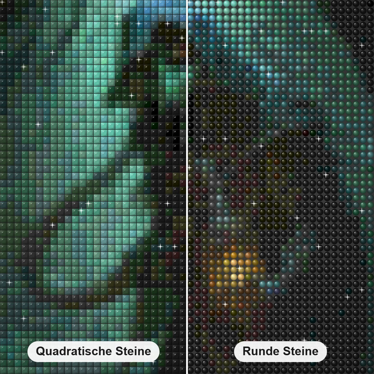 Das Laternenmonster Diamond Painting Nahaufnahme mit quadratischen und runden Steinen