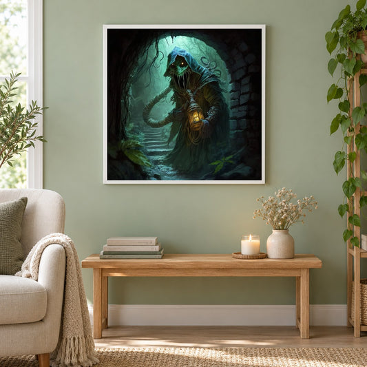 Das Laternenmonster als gerahmtes Diamond Painting im Wohnzimmer