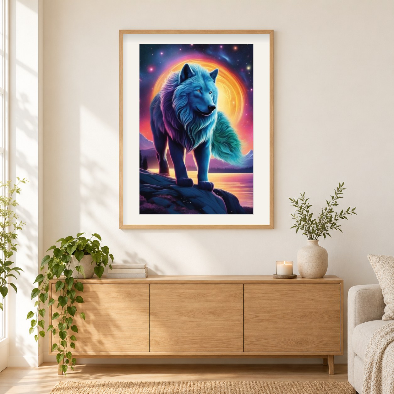 Das Territorium des prächtigen Wolfs als gerahmtes Diamond Painting im Wohnzimmer