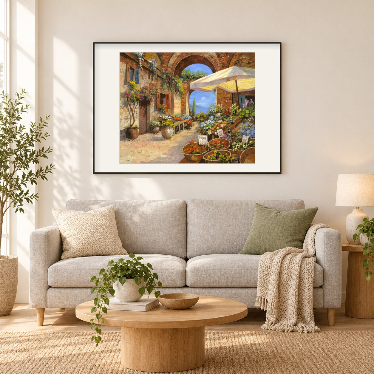 Der Markt am See - Kunst des Guido Borelli als gerahmtes Diamond Painting im Wohnzimmer