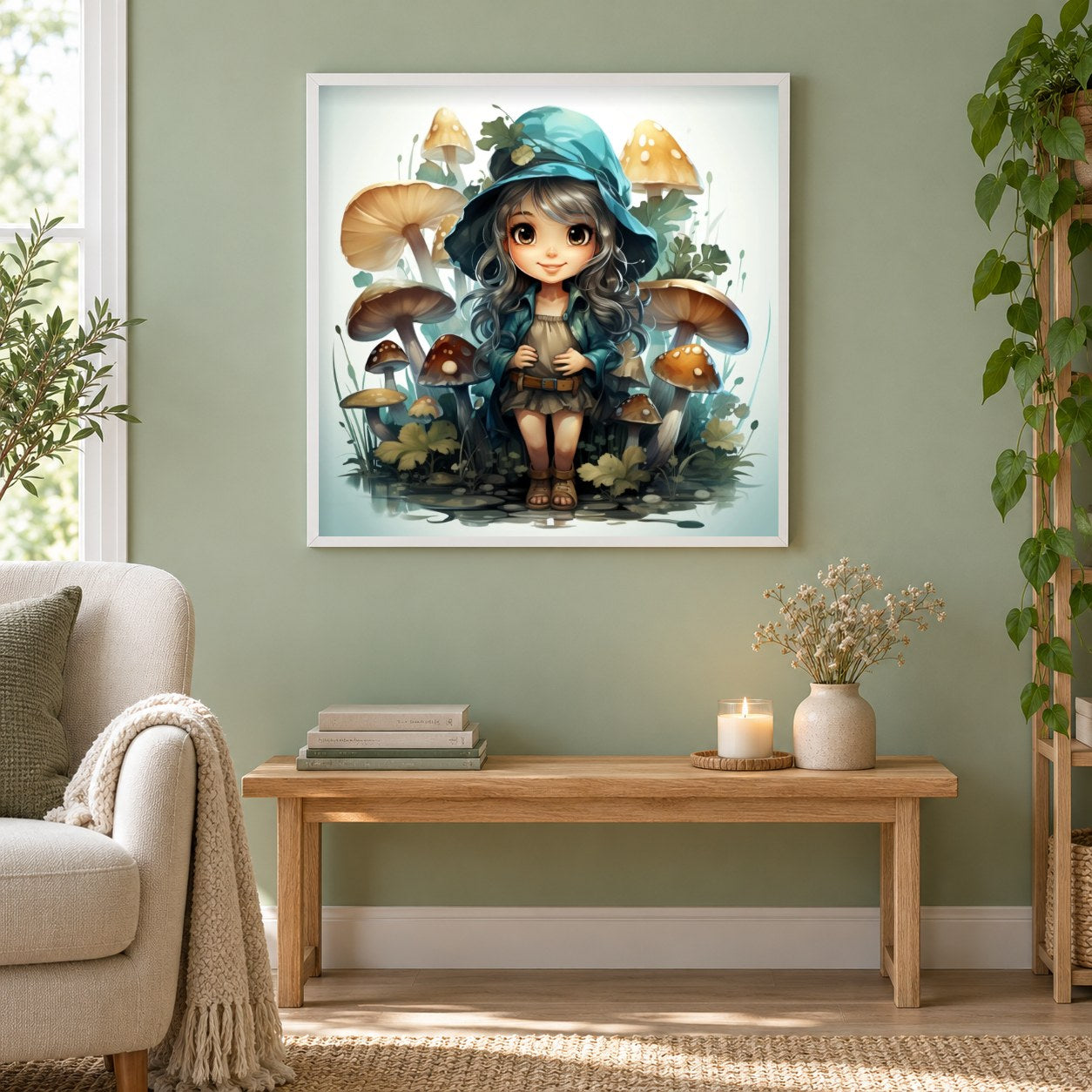 Die Pilzfee als gerahmtes Diamond Painting im Wohnzimmer