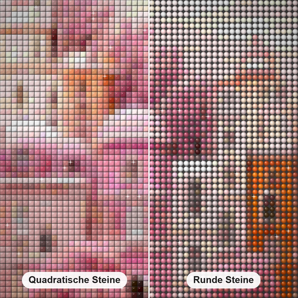 Die rosa Stadt Diamond Painting Nahaufnahme mit quadratischen und runden Steinen