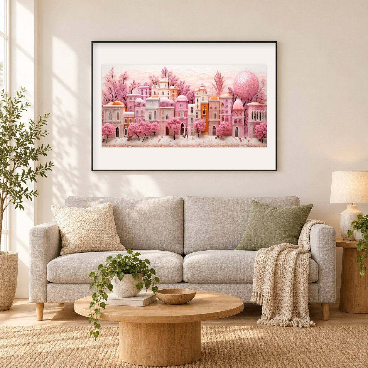 Die rosa Stadt als gerahmtes Diamond Painting im Wohnzimmer