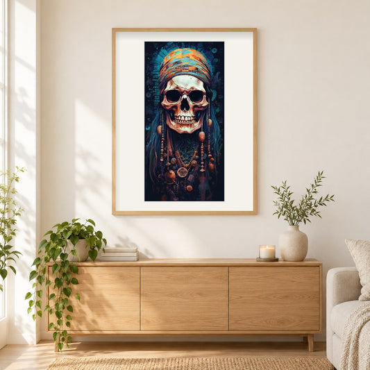 Der Piratenführer Diamond Art als gerahmtes Diamond Painting im Wohnzimmer