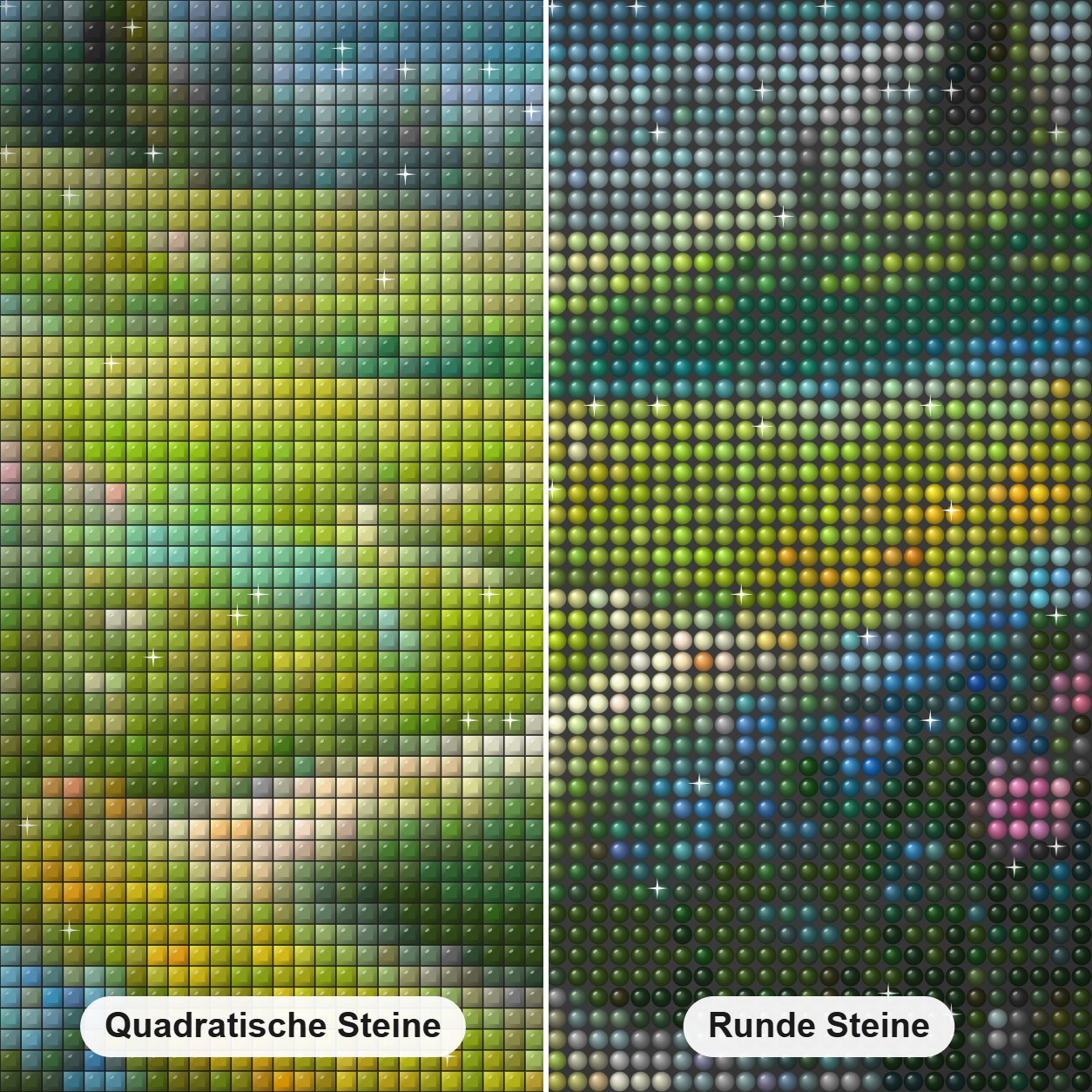 Die Ausstrahlung der magischen Landschaft Diamond Painting Nahaufnahme mit quadratischen und runden Steinen
