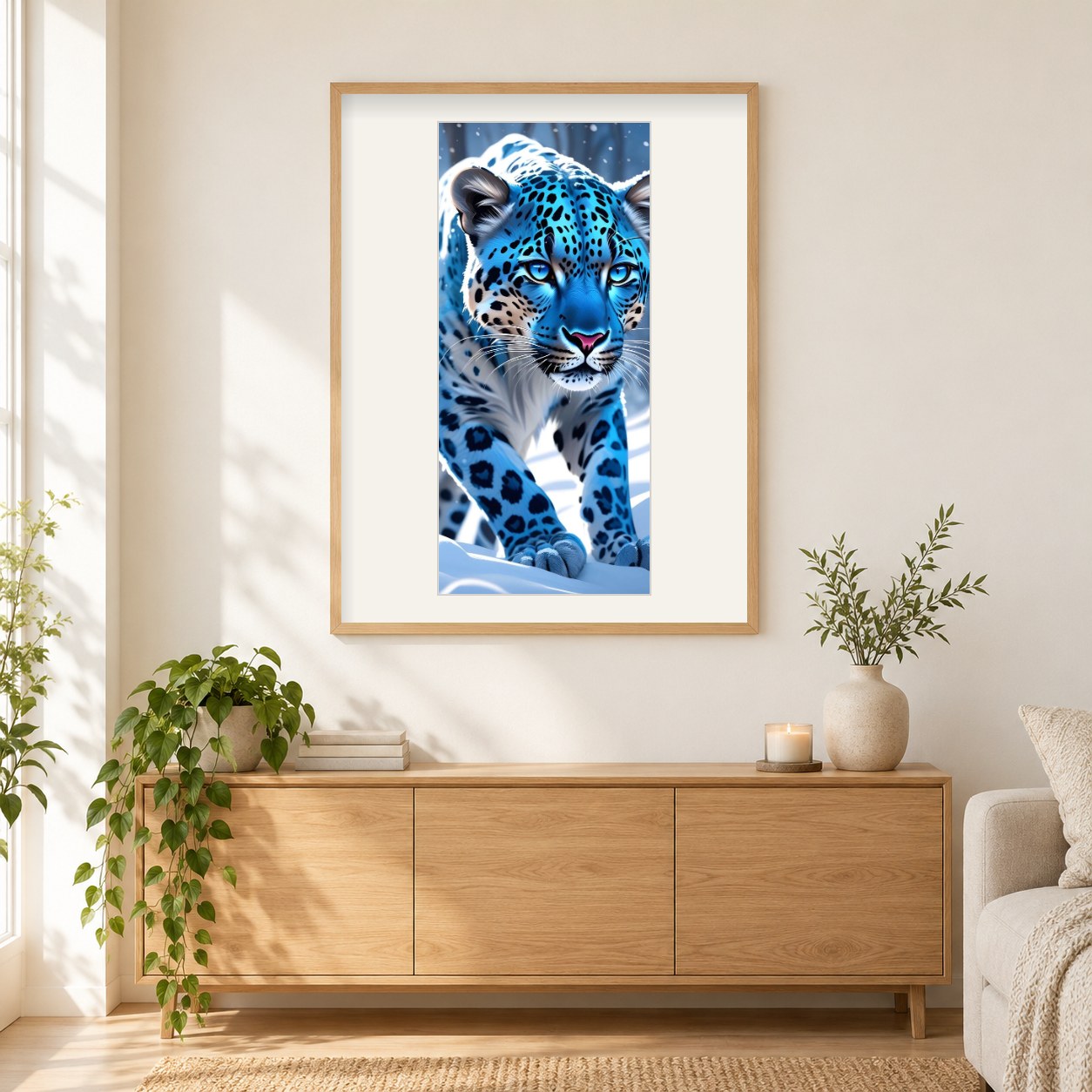 Der königliche Leopard mit eisigem Blick als gerahmtes Diamond Painting im Wohnzimmer