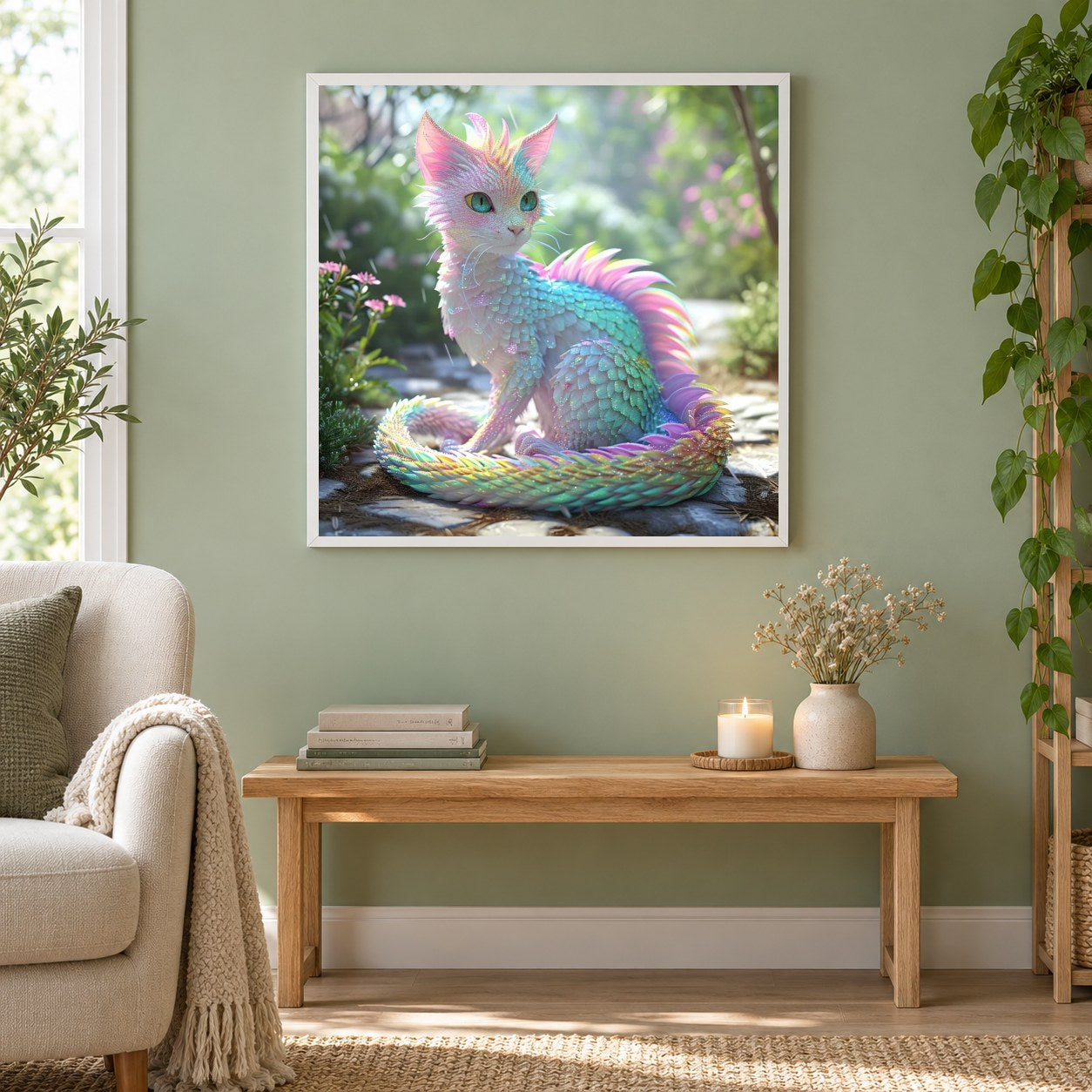 Der leuchtende Katzendrache als gerahmtes Diamond Painting im Wohnzimmer