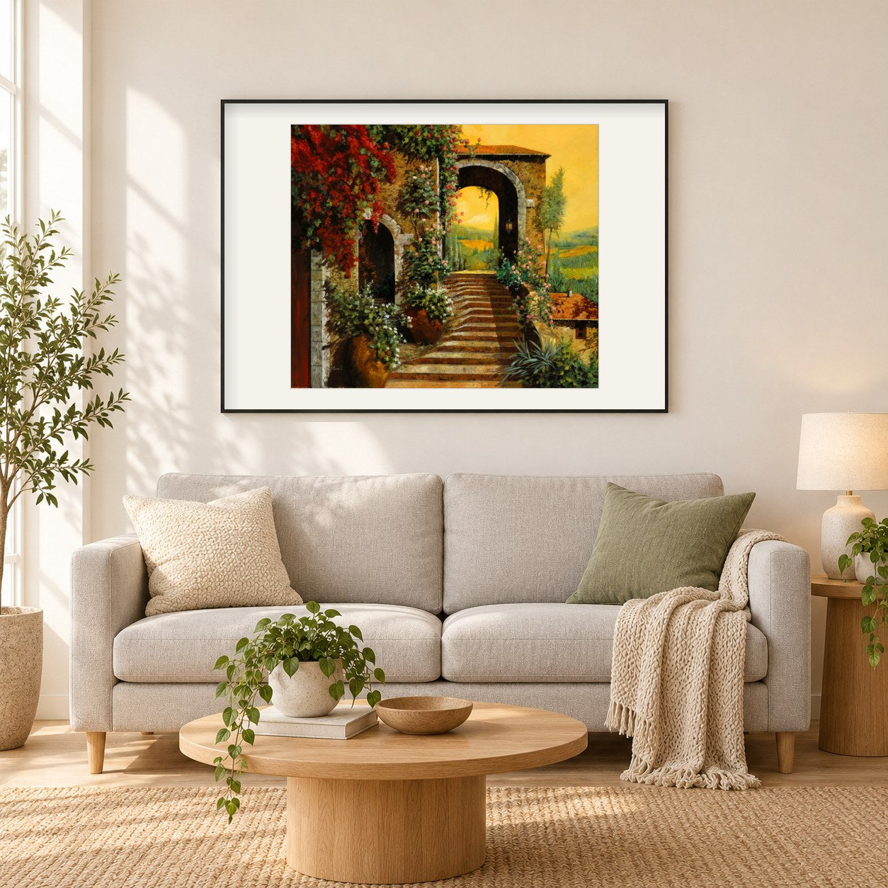 Die Treppe und der gelbe Himmel - Kunst des Guido Borelli als gerahmtes Diamond Painting im Wohnzimmer