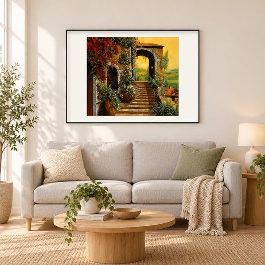 Die Treppe und der gelbe Himmel - Kunst des Guido Borelli als gerahmtes Diamond Painting im Wohnzimmer