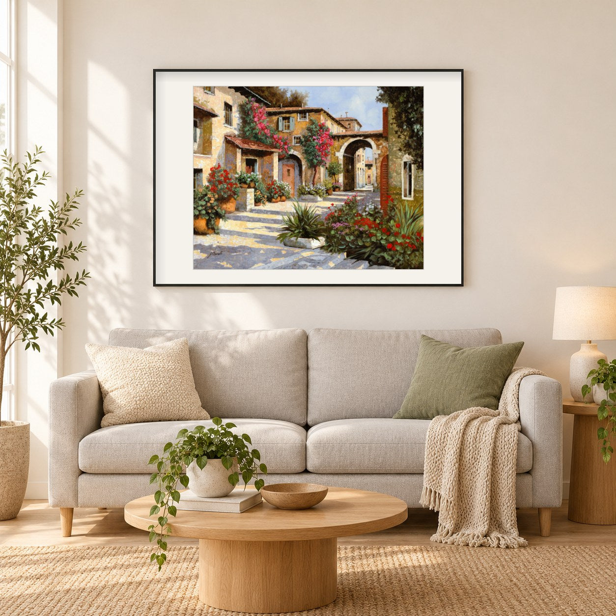 Die Treppe des Dorfes - Kunst des Guido Borelli als gerahmtes Diamond Painting im Wohnzimmer