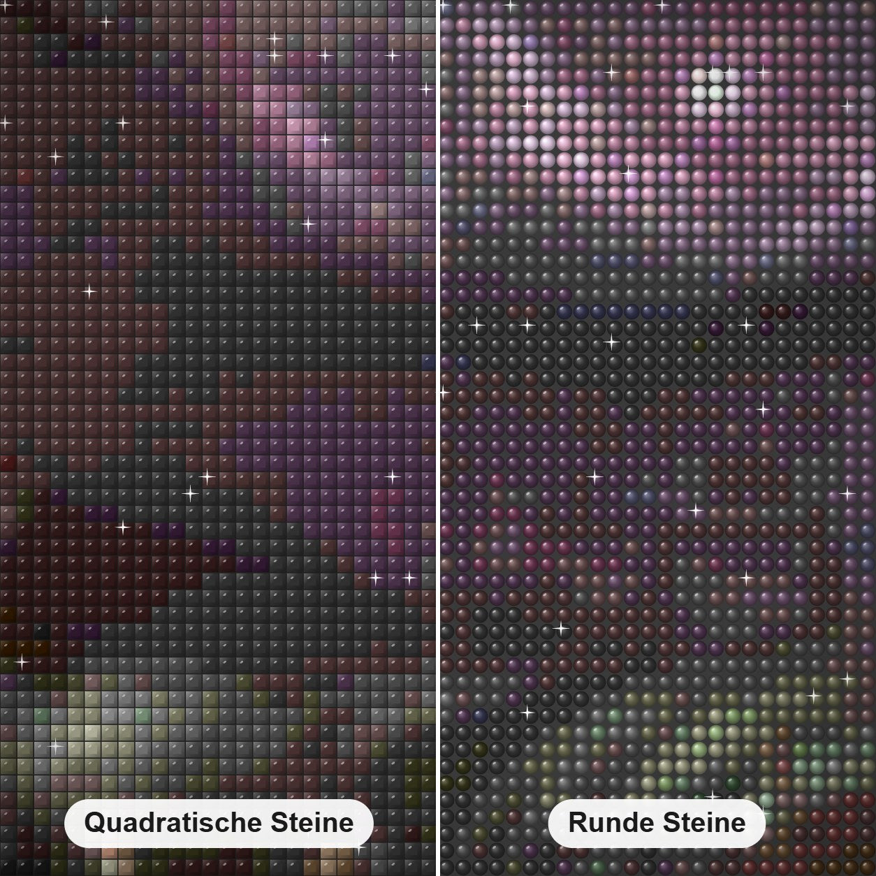 Das Unbekannte - Kunst des Liam Kelly Diamond Painting Nahaufnahme mit quadratischen und runden Steinen