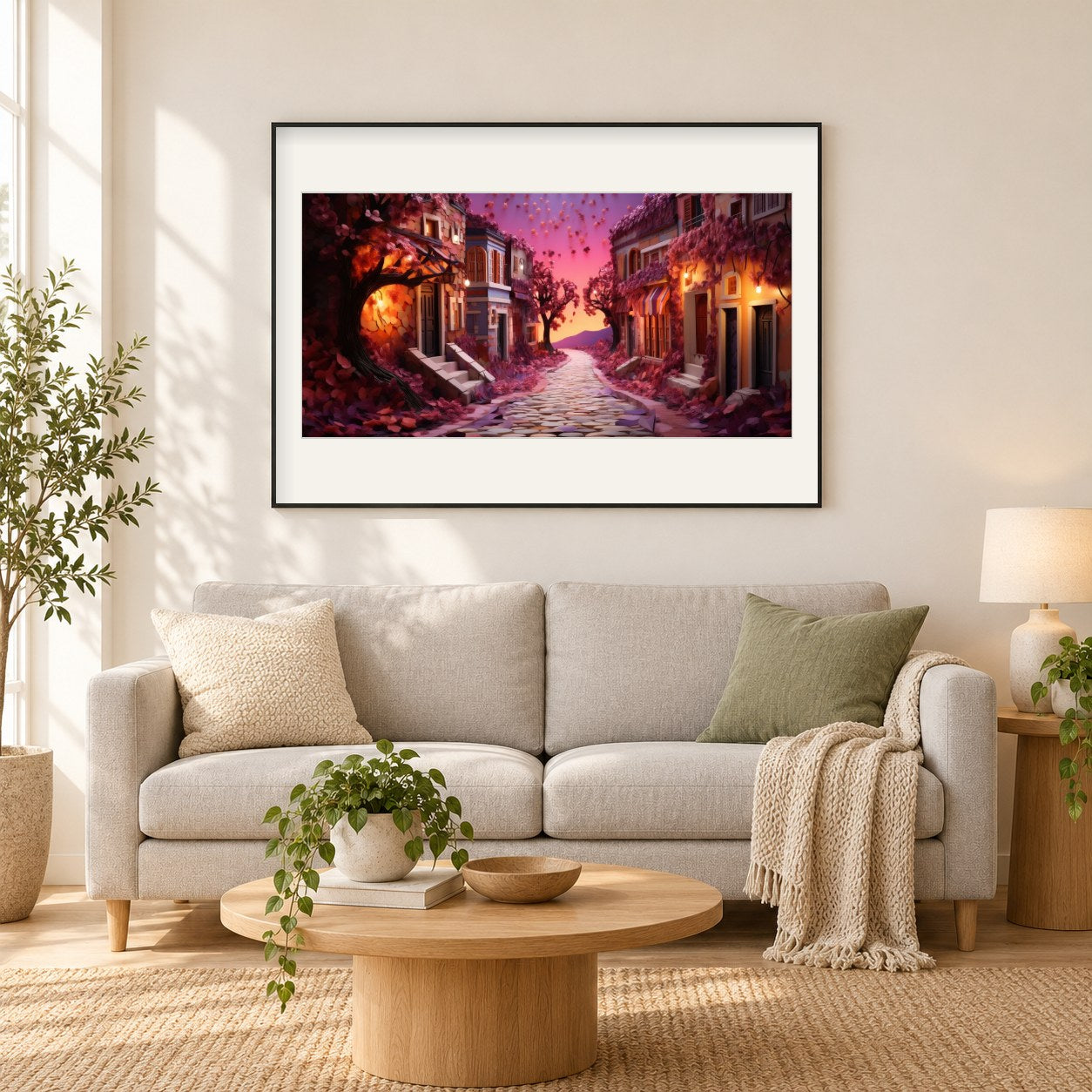 Die Straße voller Sakura-Bäume als gerahmtes Diamond Painting im Wohnzimmer