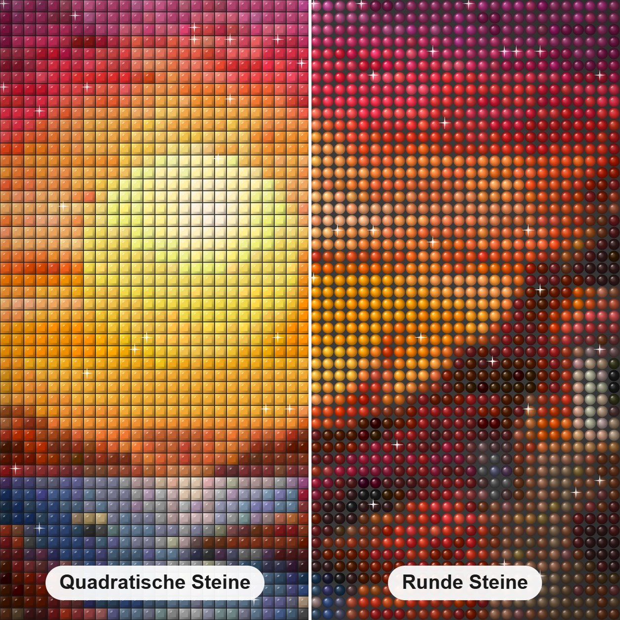 Die Sonne geht mit Herrlichkeit auf Diamond Painting Nahaufnahme mit quadratischen und runden Steinen