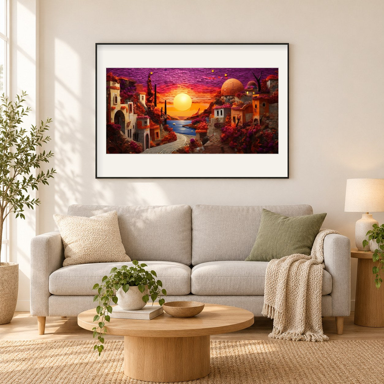 Die Sonne geht mit Herrlichkeit auf als gerahmtes Diamond Painting im Wohnzimmer