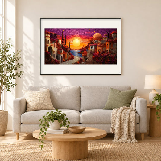 Die Sonne geht mit Herrlichkeit auf als gerahmtes Diamond Painting im Wohnzimmer