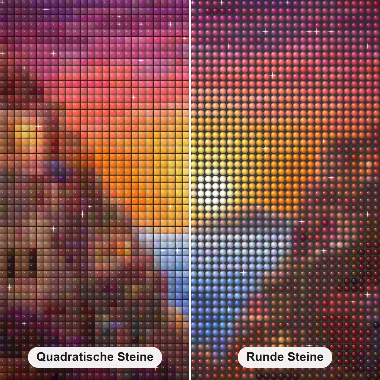 Die Diamantkunst mit Blick auf den Sonnenuntergang Diamond Painting Nahaufnahme mit quadratischen und runden Steinen