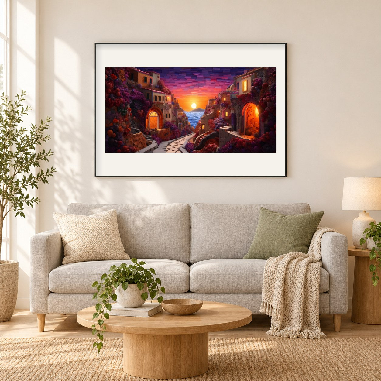Die Diamantkunst mit Blick auf den Sonnenuntergang als gerahmtes Diamond Painting im Wohnzimmer