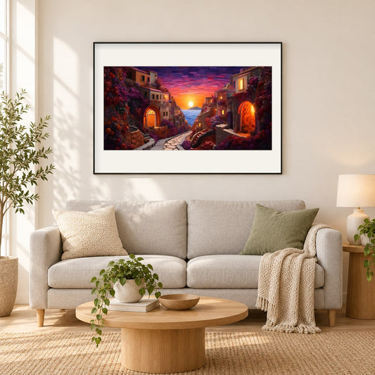 Die Diamantkunst mit Blick auf den Sonnenuntergang als gerahmtes Diamond Painting im Wohnzimmer