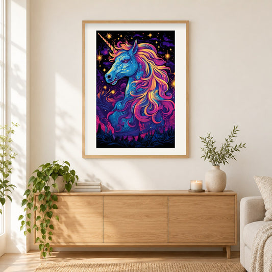 Die Einhorn-Fantasie als gerahmtes Diamond Painting im Wohnzimmer
