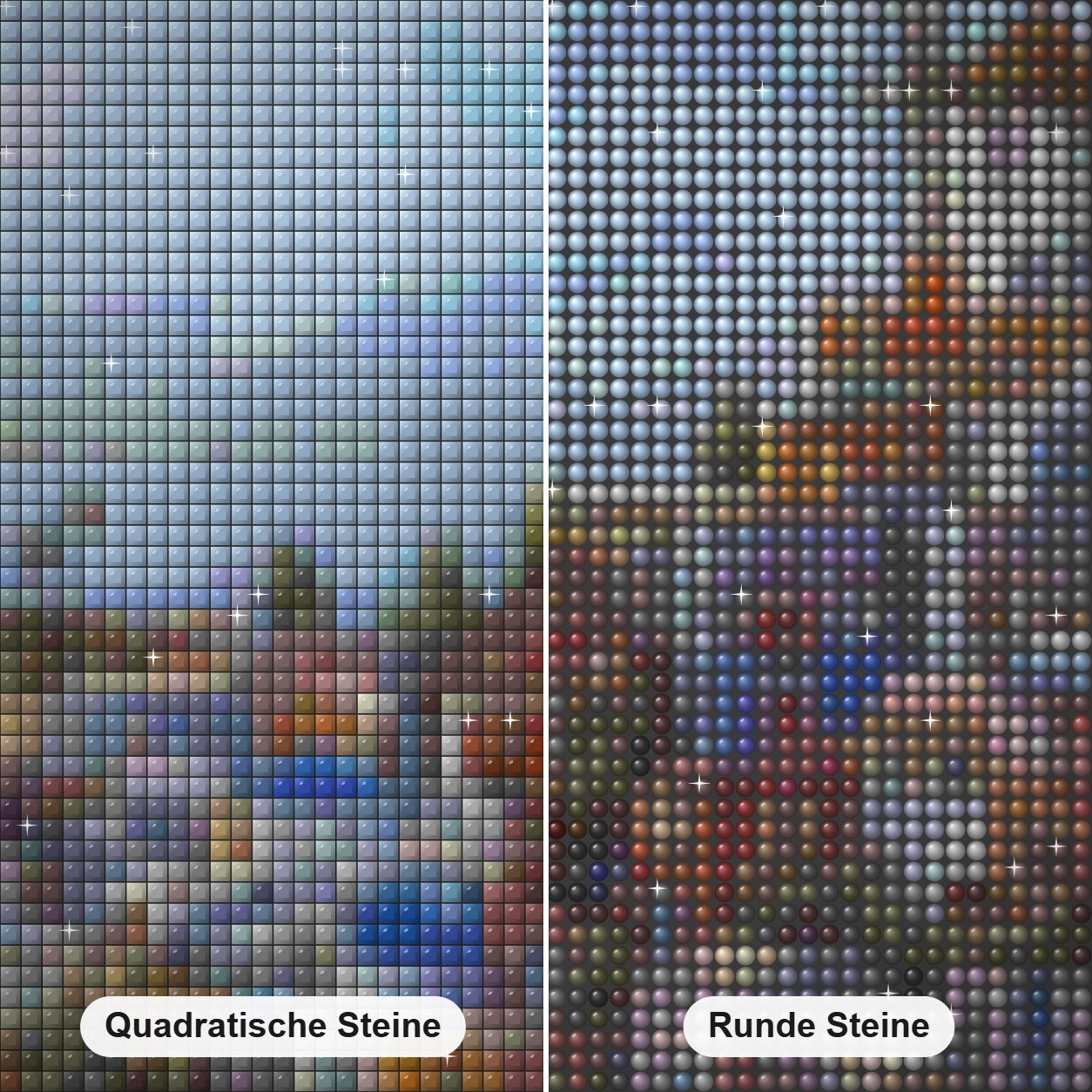 Die warmen Farben Griechenlands - Kunst des Guido Borelli Diamond Painting Nahaufnahme mit quadratischen und runden Steinen