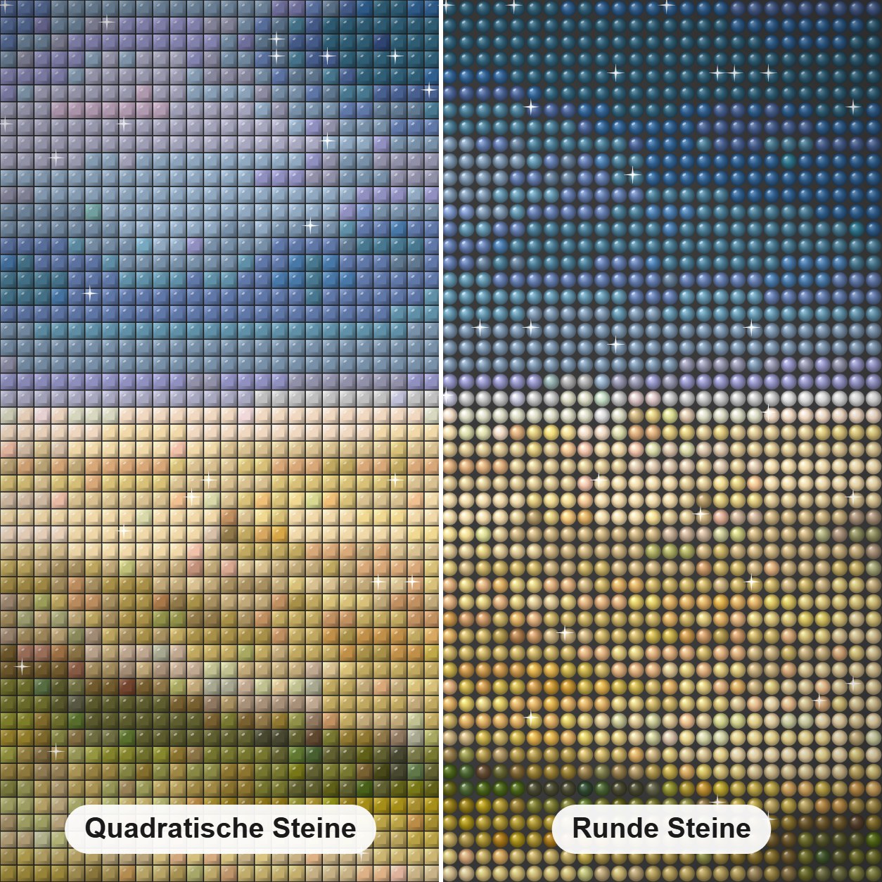 Durch die Mähfelder - Kunst des Jonn Einerssen Diamond Painting Nahaufnahme mit quadratischen und runden Steinen