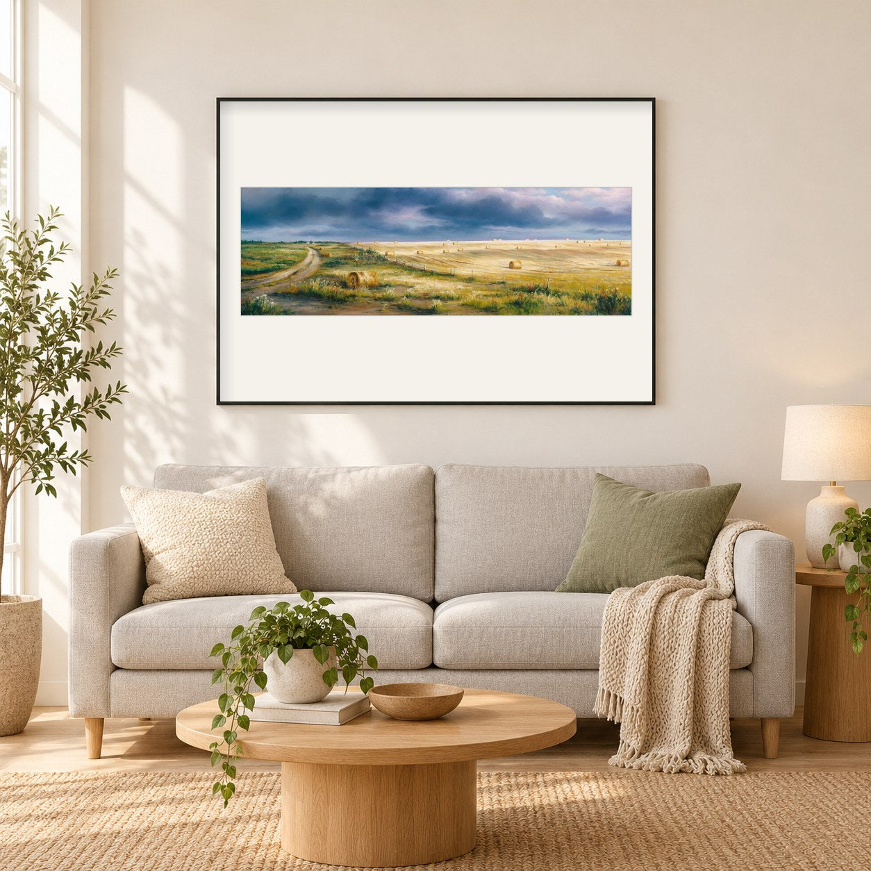 Durch die Mähfelder - Kunst des Jonn Einerssen als gerahmtes Diamond Painting im Wohnzimmer