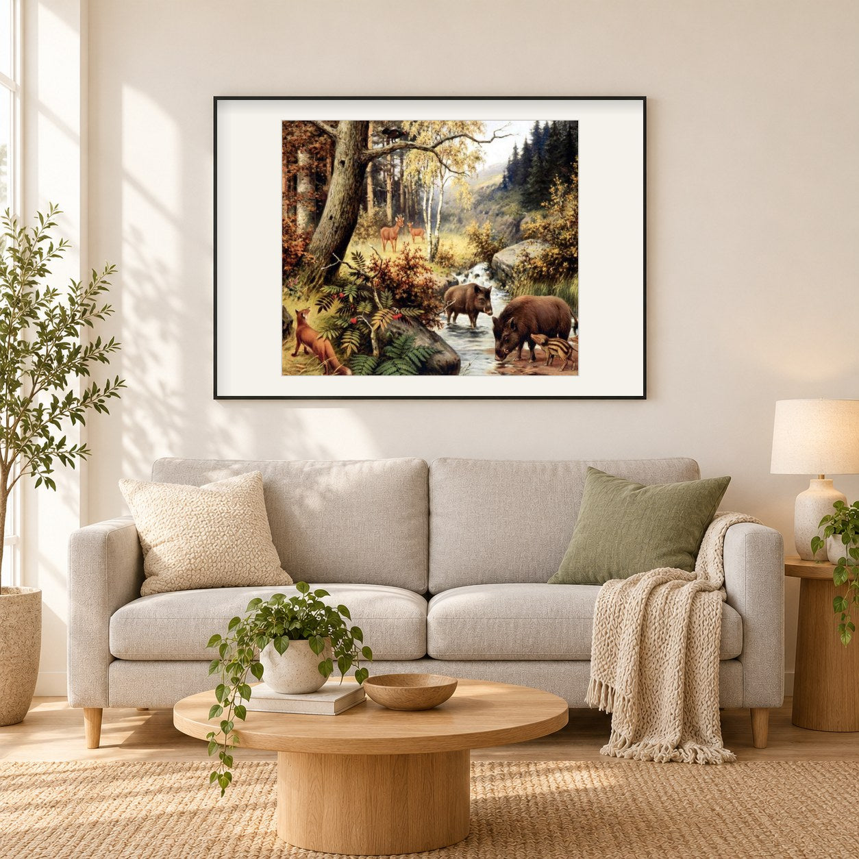 Tiere im Wald als gerahmtes Diamond Painting im Wohnzimmer