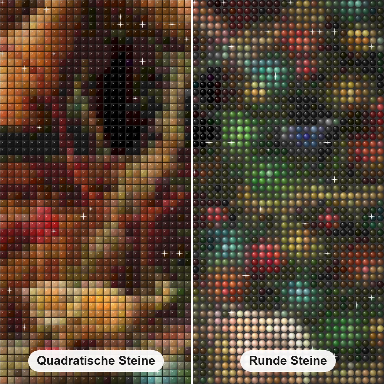 Tiere, Vögel & Weihnachtsbaum Diamond Painting Nahaufnahme mit quadratischen und runden Steinen
