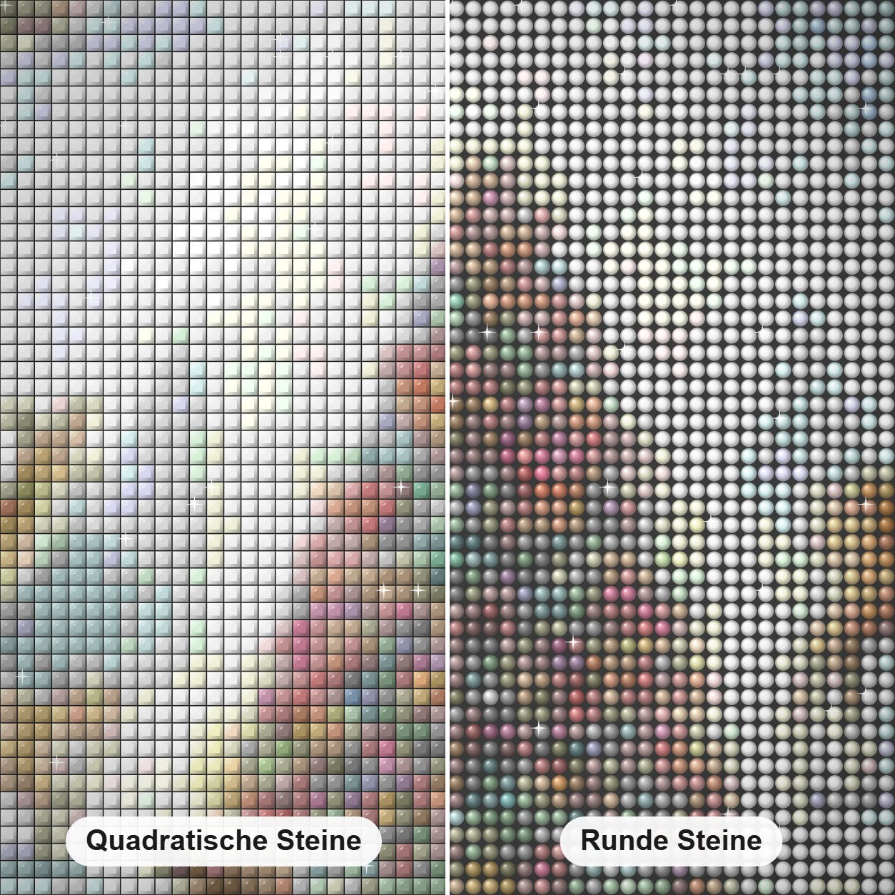 Tiere & Weihnachtsbaum Diamond Painting Nahaufnahme mit quadratischen und runden Steinen