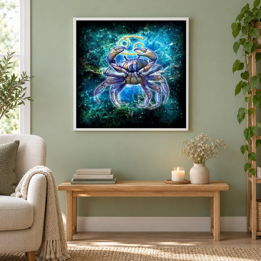 Tierkreiskrebs als gerahmtes Diamond Painting im Wohnzimmer