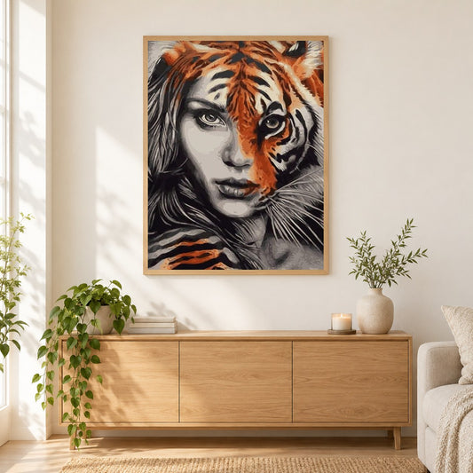 Tiger Dame als gerahmtes Diamond Painting im Wohnzimmer