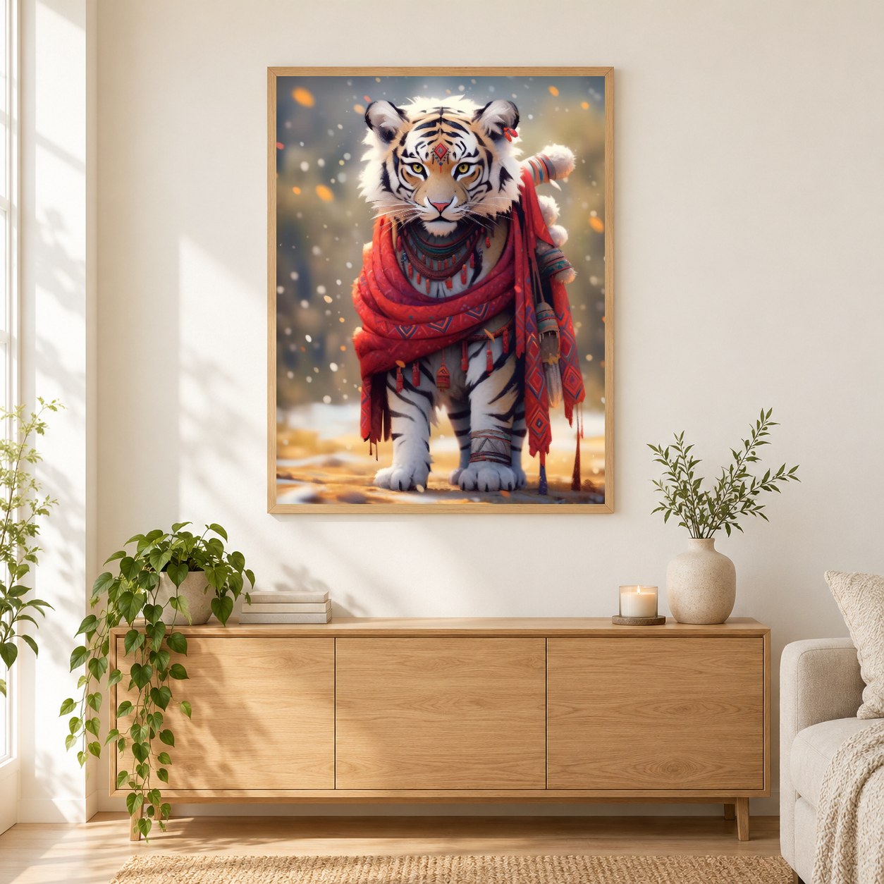 Tiger geht auf eine Reise als gerahmtes Diamond Painting im Wohnzimmer