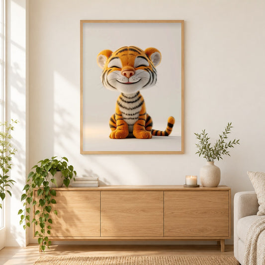 Der fröhliche Charme des Tigerkinds als gerahmtes Diamond Painting im Wohnzimmer